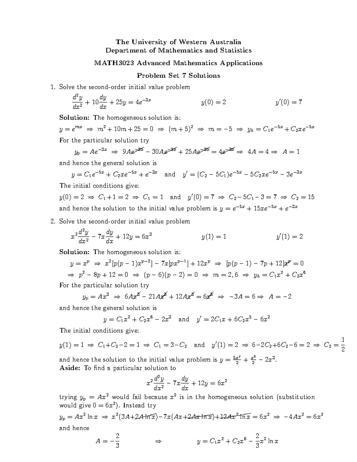 Problem Sheet 7 Solutions - The University of Western Australia ...