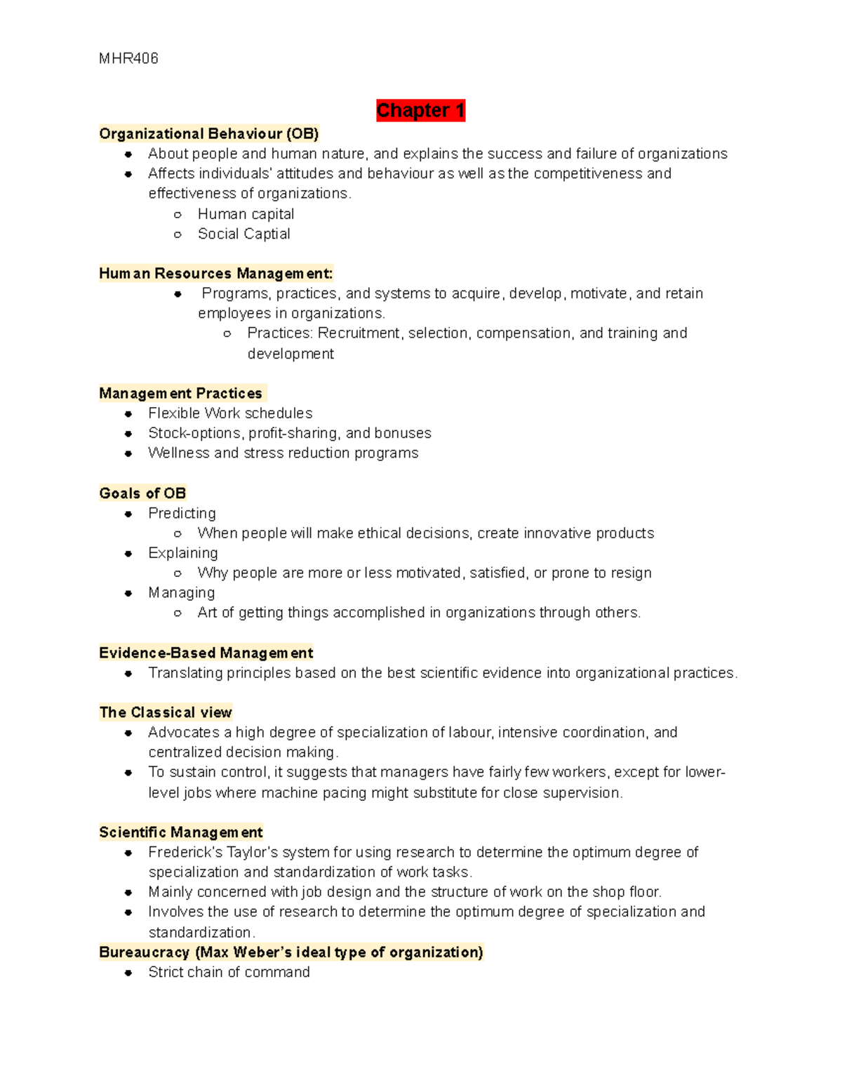 MHR405 Chapter 1 - Lecture notes 1 - Chapter 1 Organizational Behaviour ...