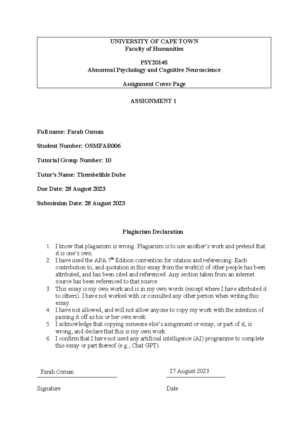 Clinical interview example - UNIVERSITY OF CAPE TOWN Faculty of ...