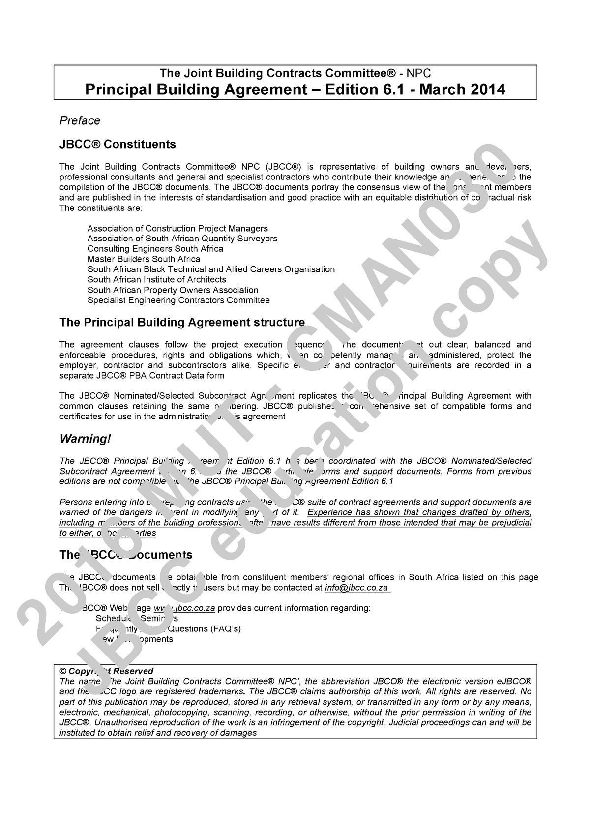 JBCC PBA Contract Document The Joint Building Contracts Committee