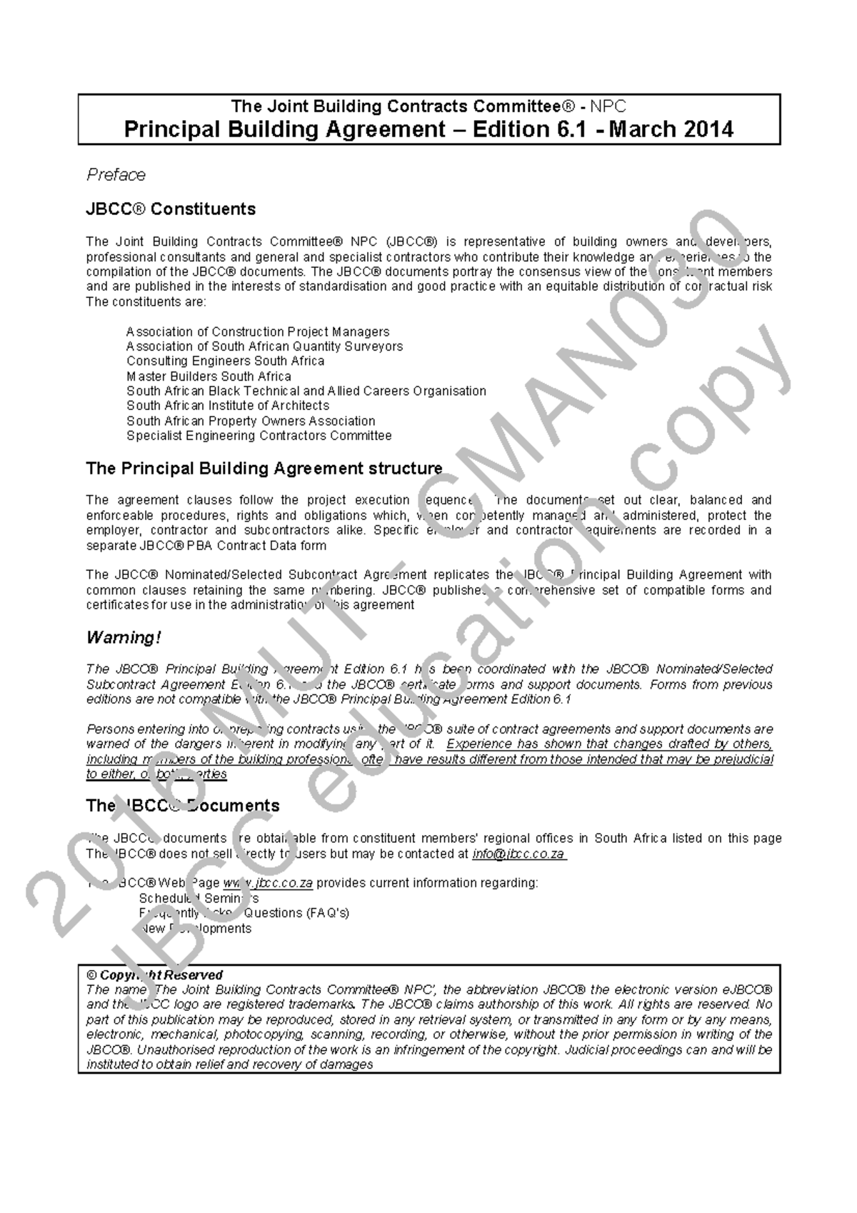 JBCC PBA Contract Document The Joint Building Contracts Committee