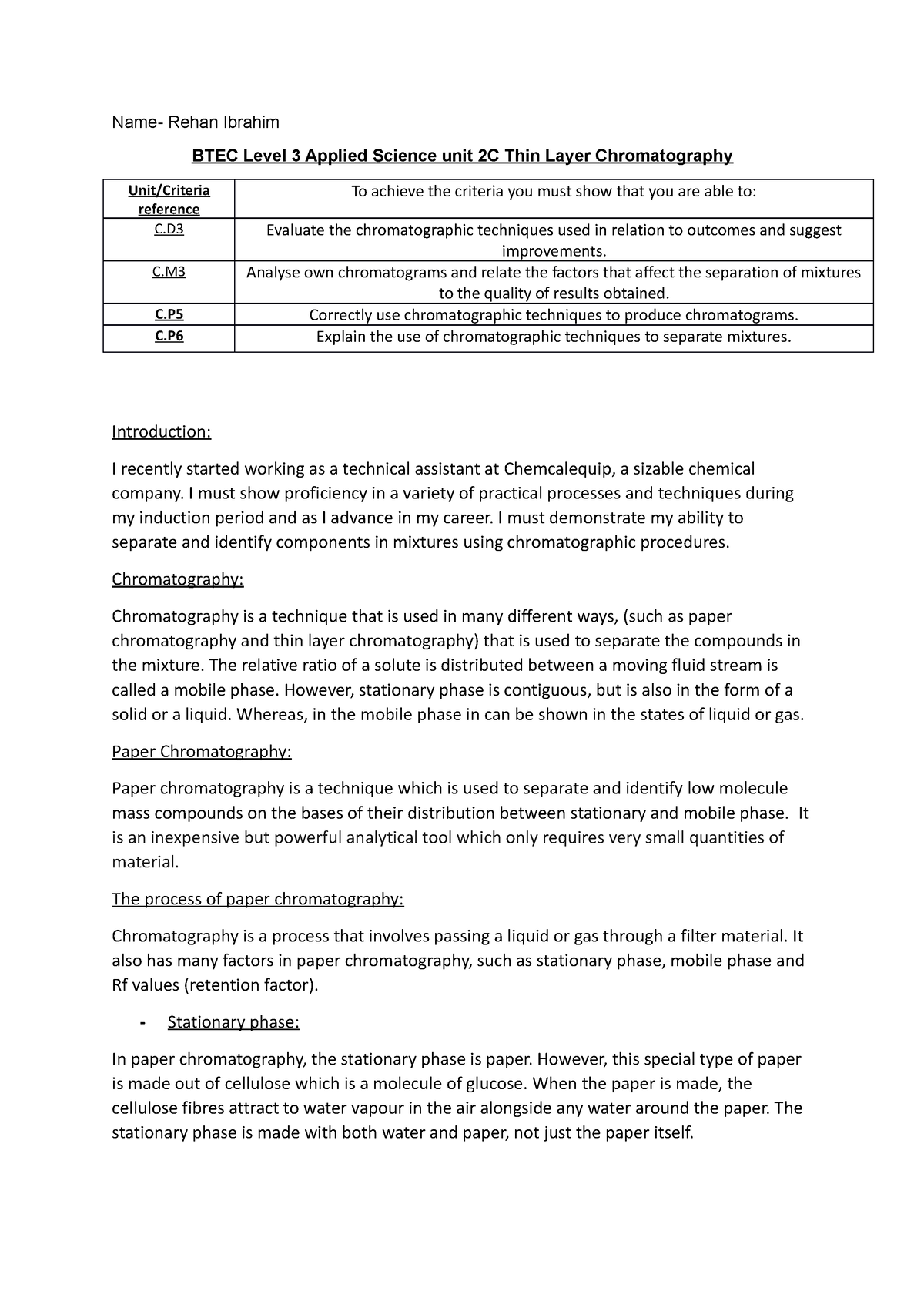 btec applied science level 3 chromatography assignment