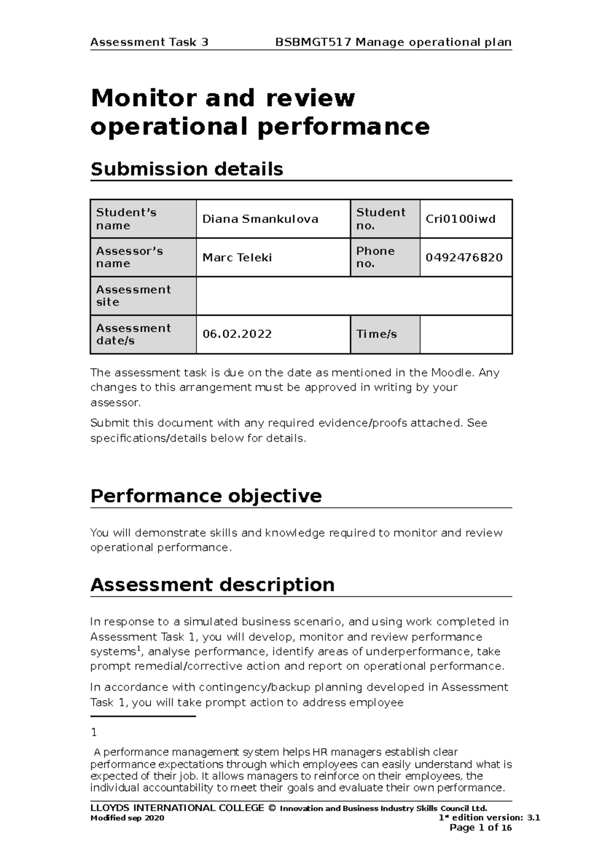 Bsbmgt 517 Task3 - Monitor and review operational performance ...