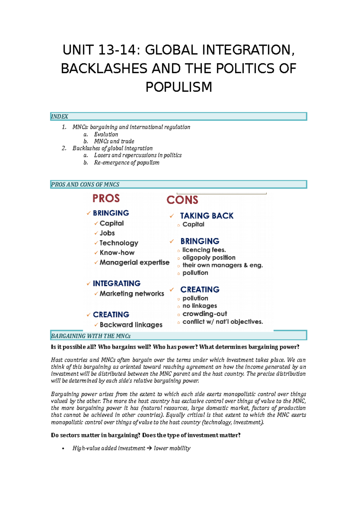 UNIT 13 - Apuntes 13 - UNIT 13-14: GLOBAL INTEGRATION, BACKLASHES AND ...