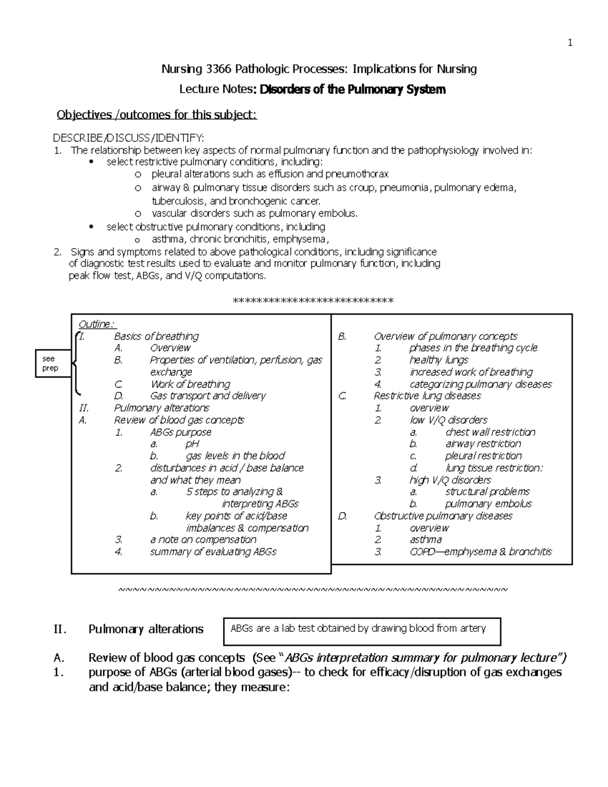 Pulmonary Disorders - notes - Nursing 3366 Pathologic Processes ...