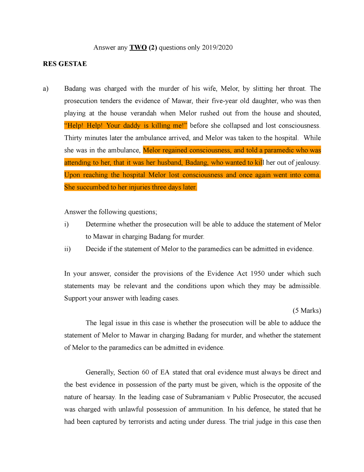 Evidence PYQ - pyq - Answer any TWO (2) questions only 2019/ RES GESTAE ...