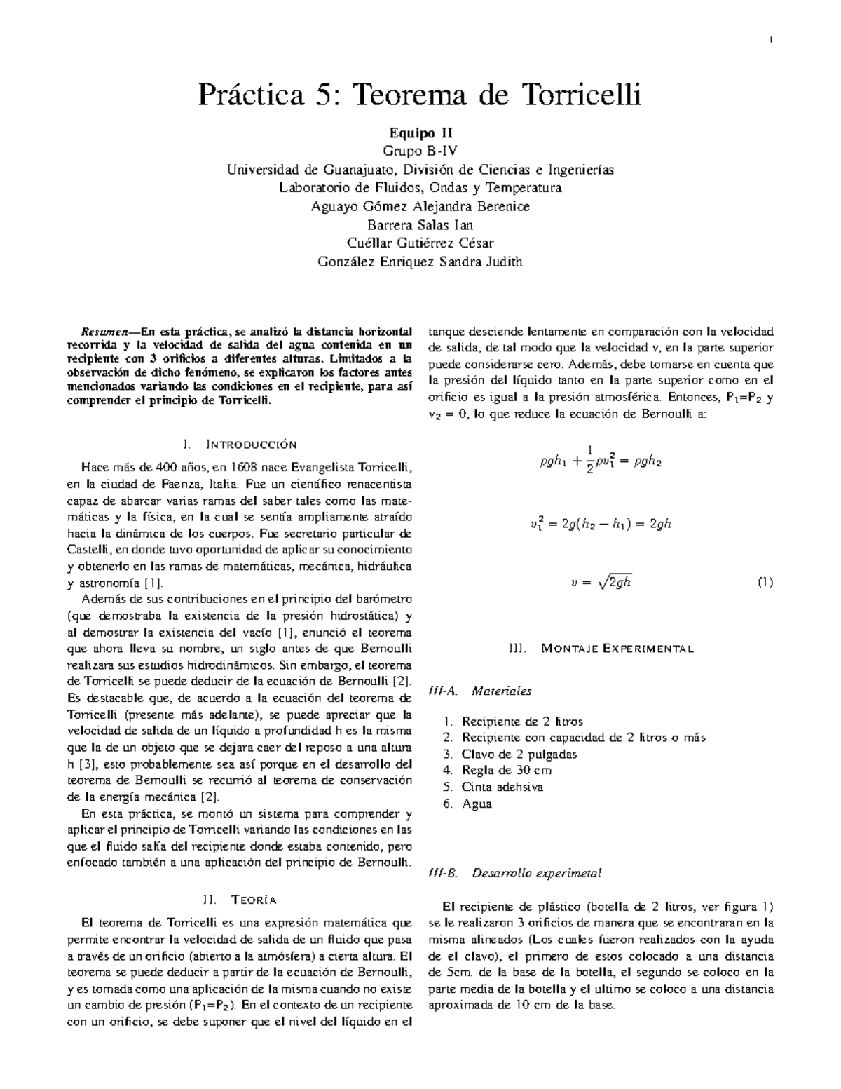 Pr Ctica 5 Teorema De Torricelli - 1 Práctica 5: Teorema De Torricelli ...