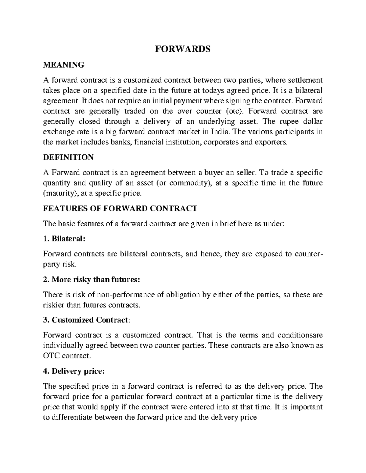 Forwards - It is lecture notes - FORWARDS MEANING A forward contract is ...
