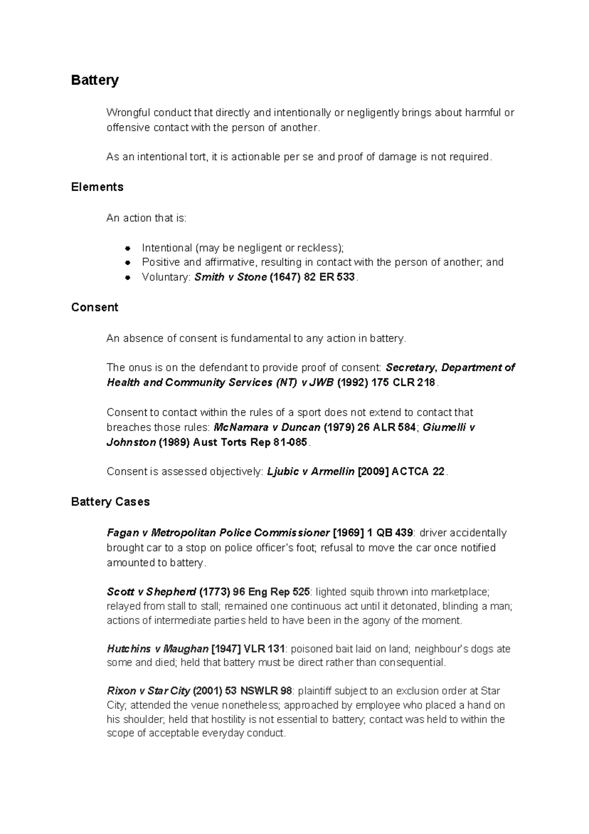 Law of torts notes - Battery Wrongful conduct that directly and ...