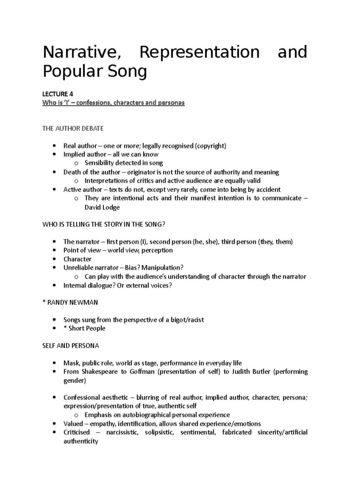 Lecture 4 - Who is I - who is i in songwriting - Narrative ...