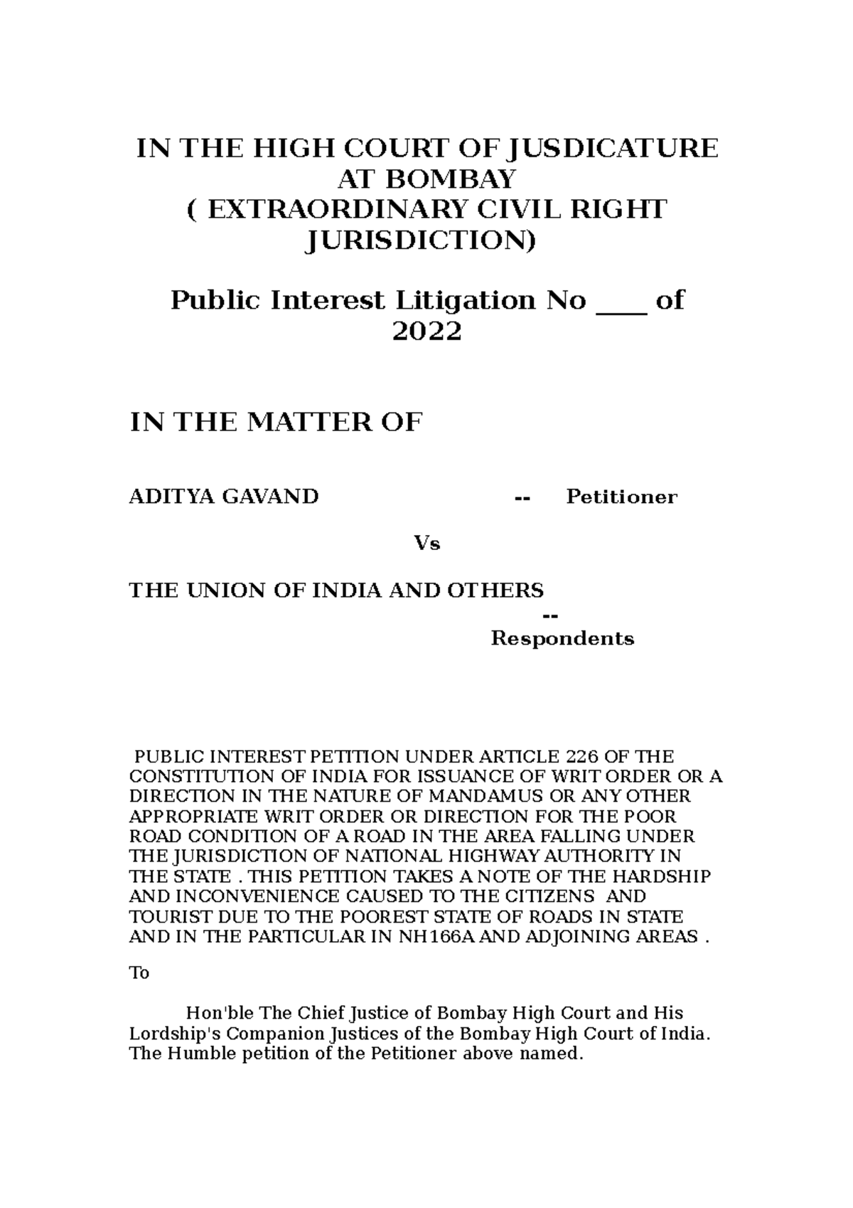 Pil For Roads - In The High Court Of Jusdicature At Bombay 