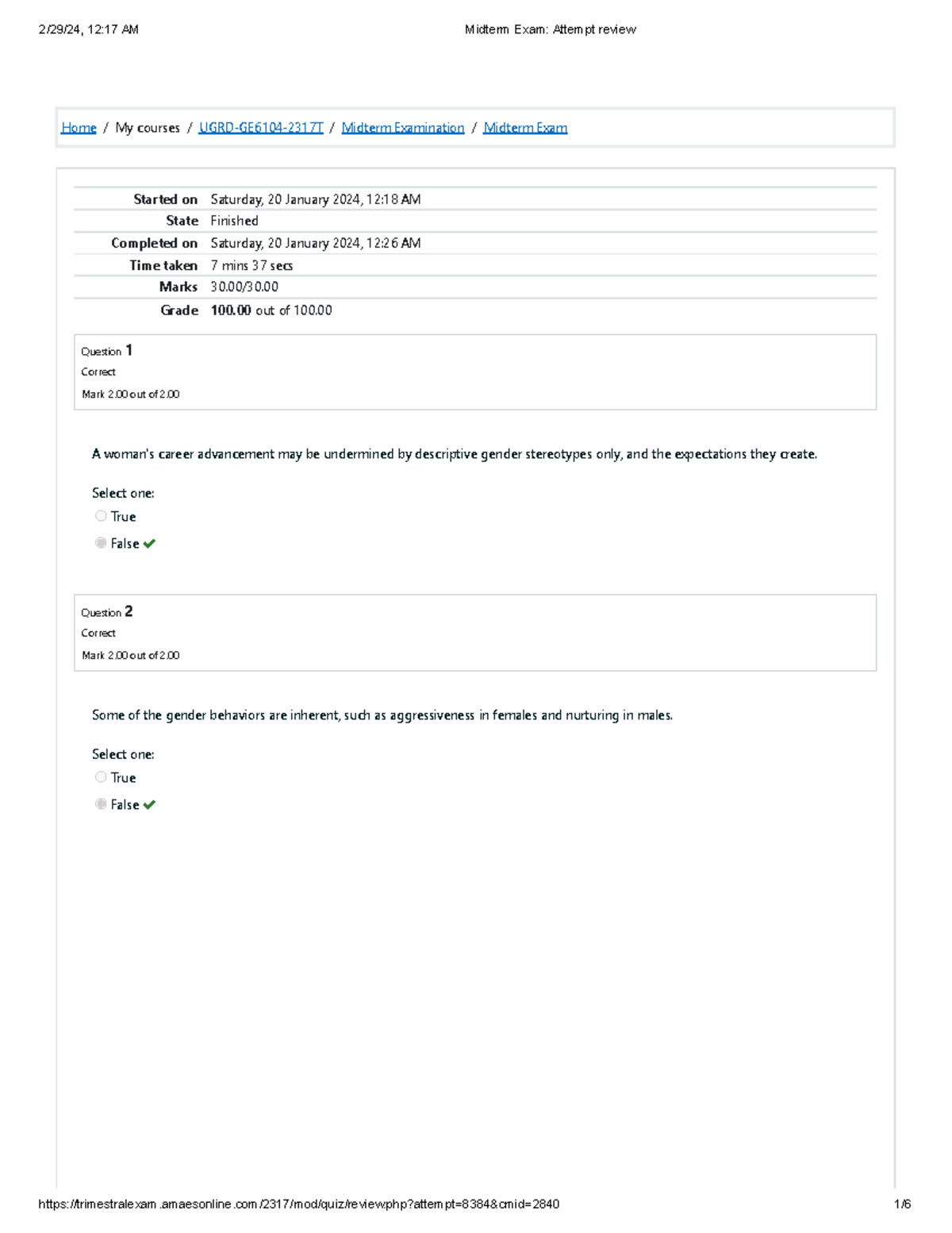 Midterm Exam Attempt review - Home / My courses / UGRD-GE6104-2317T ...