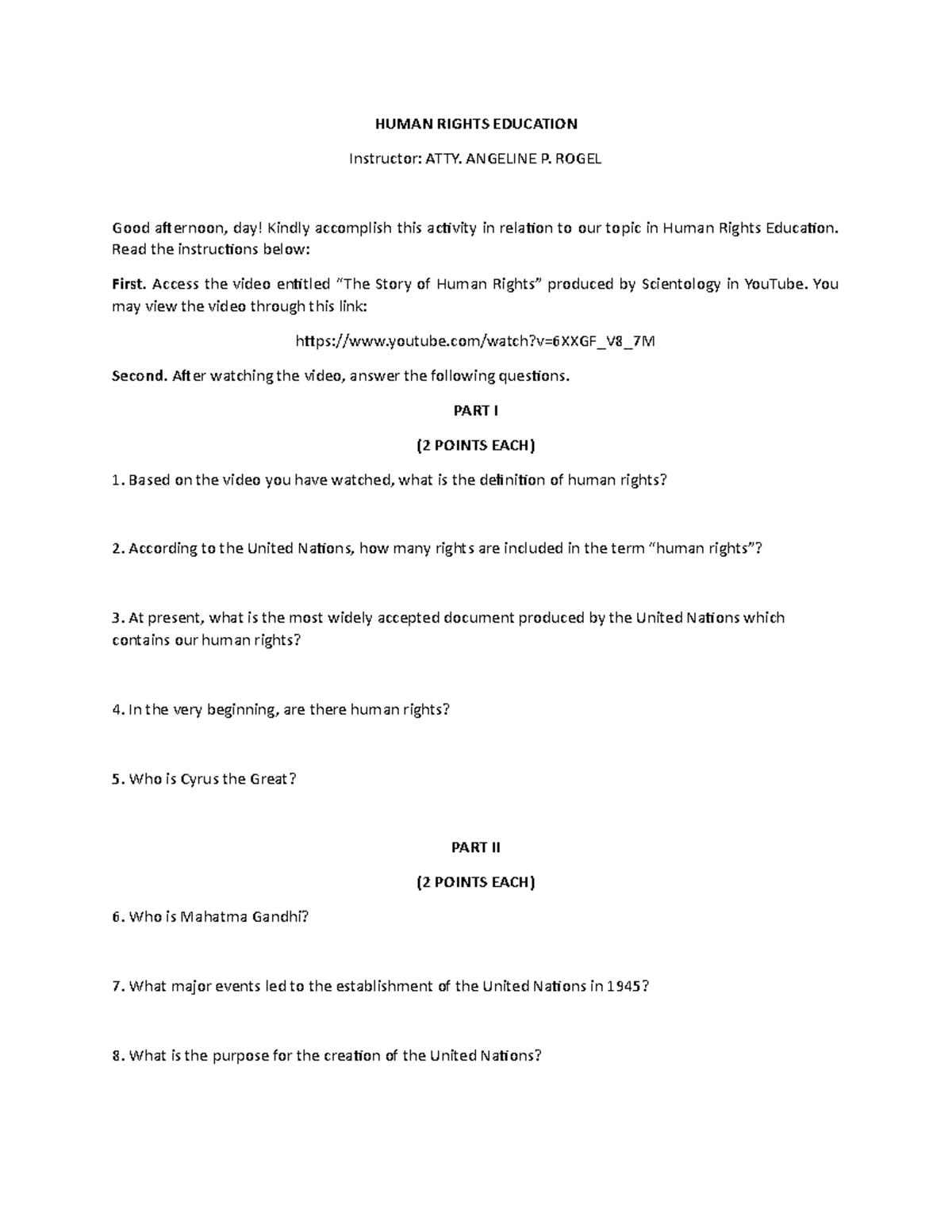 Activity FOR HRE 2A - Lecture notes 1 - HUMAN RIGHTS EDUCATION ...