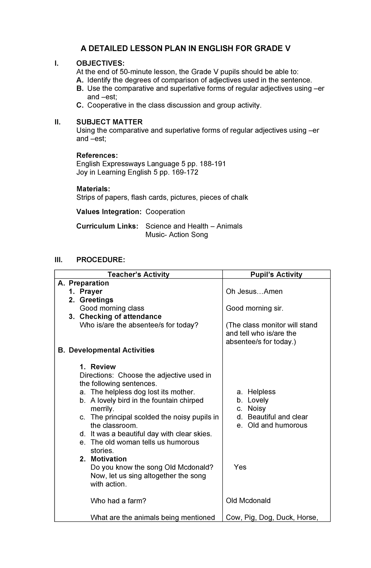 A Detailed Lesson PLAN IN English FOR Grade V - A DETAILED LESSON PLAN ...