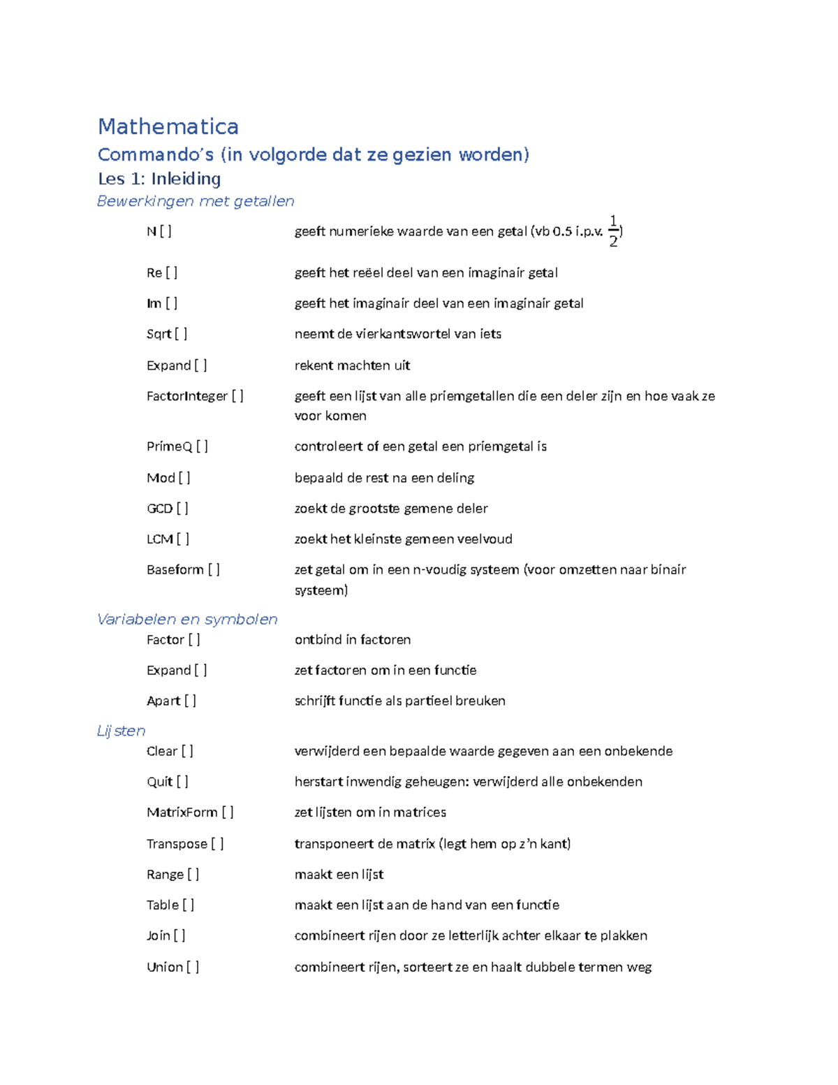 Lijst commando's Mathematica - Mathematica Commando’s (in volgorde dat ...