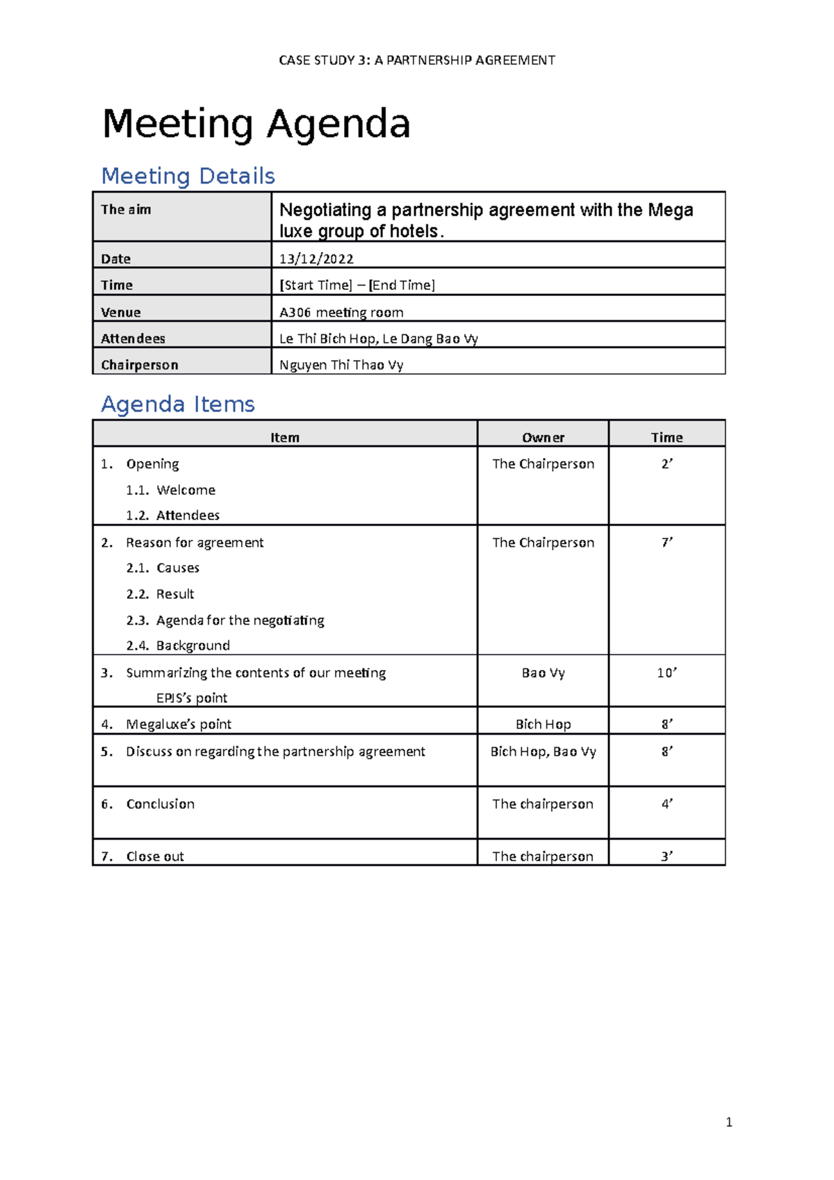 Agenda - MNKN - CASE STUDY 3: A PARTNERSHIP AGREEMENT Meeting Agenda ...