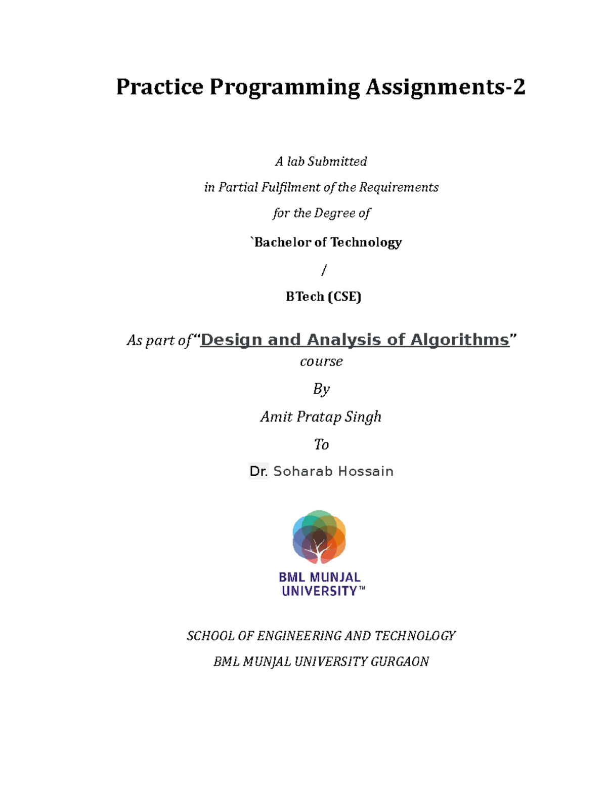Practice Programming Assignments 2 - Soharab Hossain SCHOOL OF ...