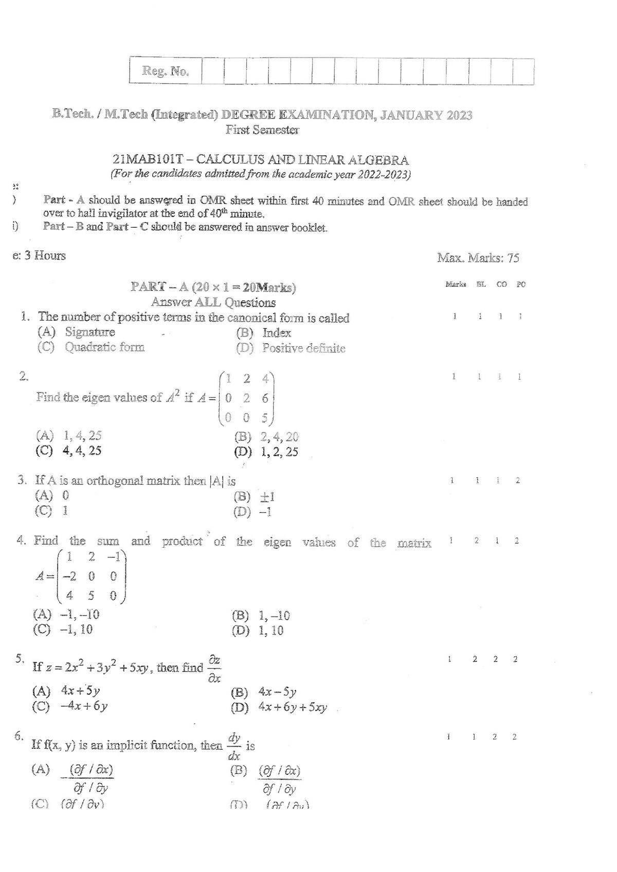 21MAB101T SEM QP 22-23 - Calculus And Linear Algebra - Studocu