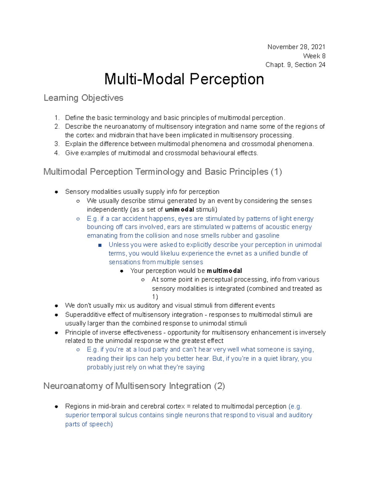 PSYC 100 - Week 8 Notes - Multi-Modal Perception - November 28, 2021 ...