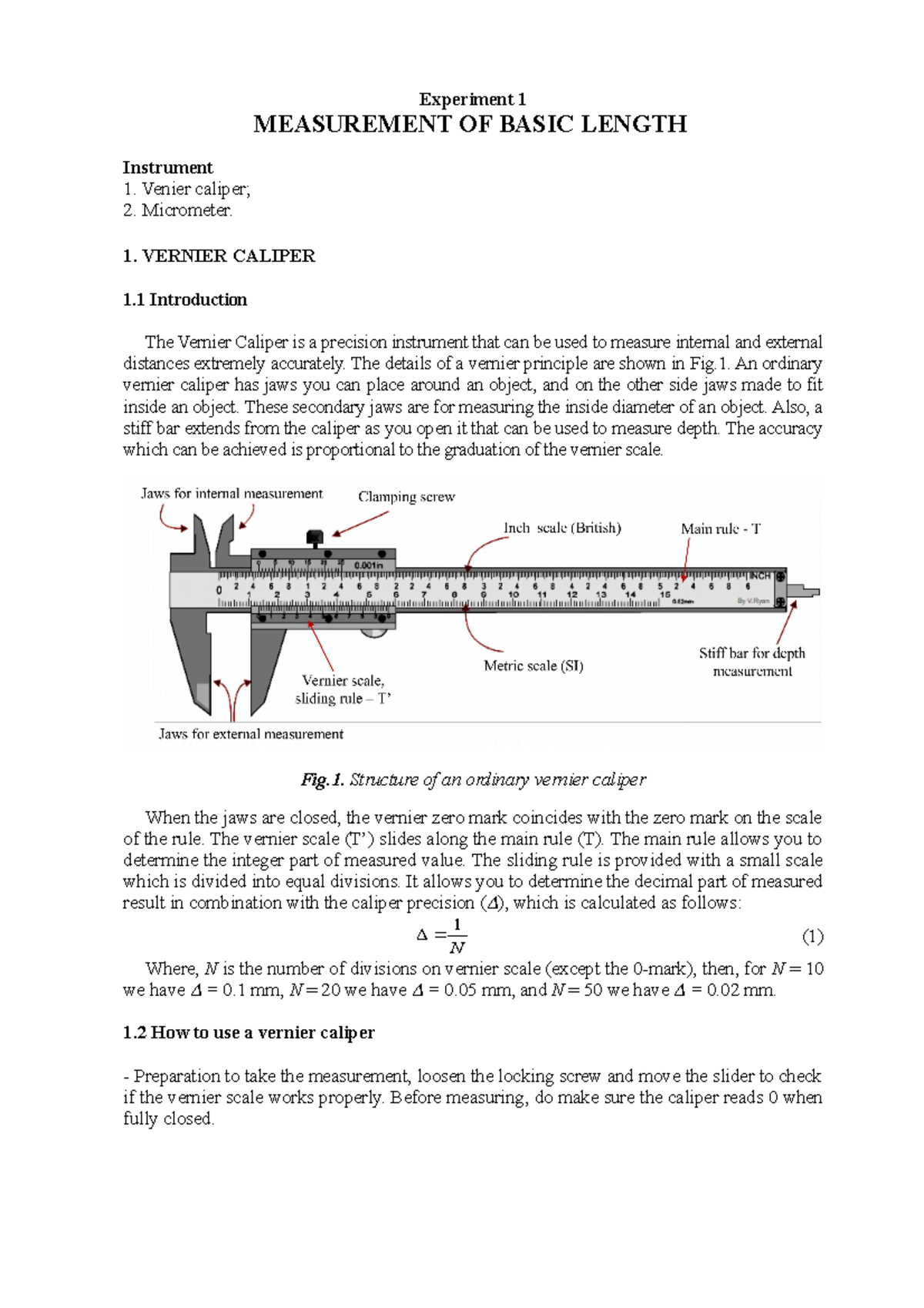 1Measurement of basic constants Experiment 1 MEASUREMENT OF BASIC LENGTH Instrument Venier