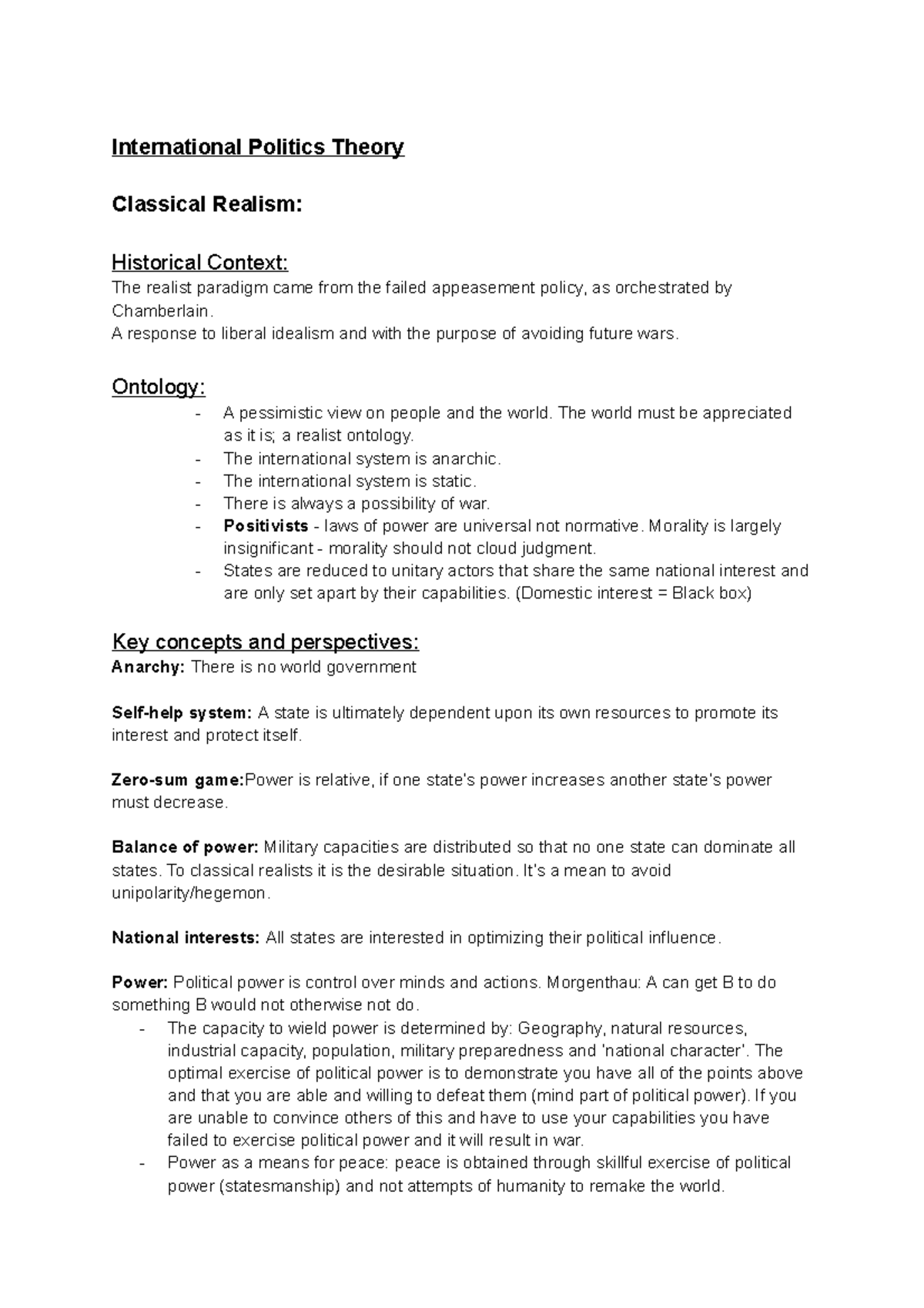 Summary of IR Theories - International Politics Theory Classical Realism:  Historical Context: The - Studocu