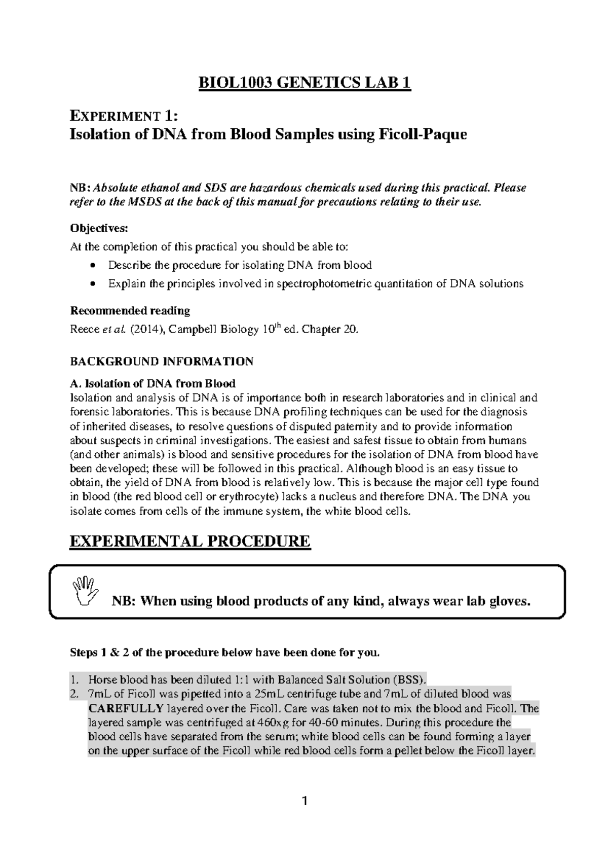 BIOL1003-Genetics Lab 1 2018 - BIOL1003 GENETICS LAB 1 EXPERIMENT 1 ...