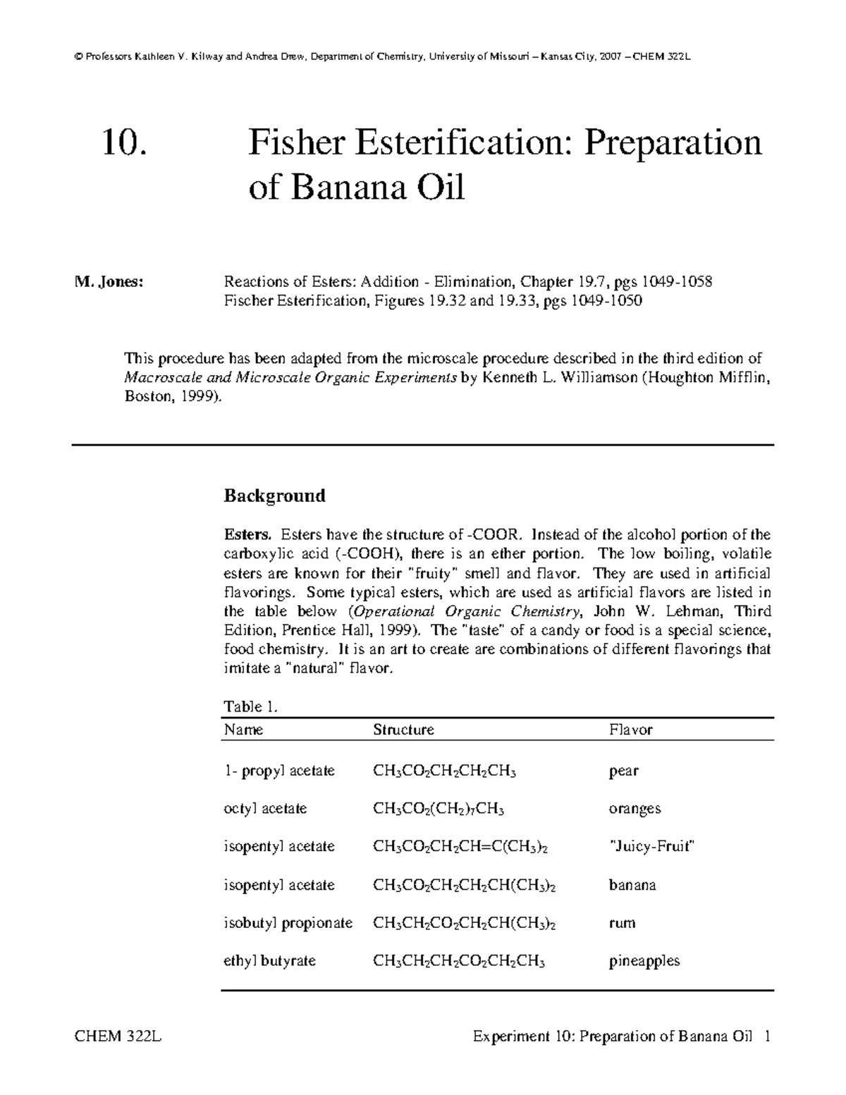 CHE 223 Preparation OF Banana OIL © Professors Kathleen V. Kilway and