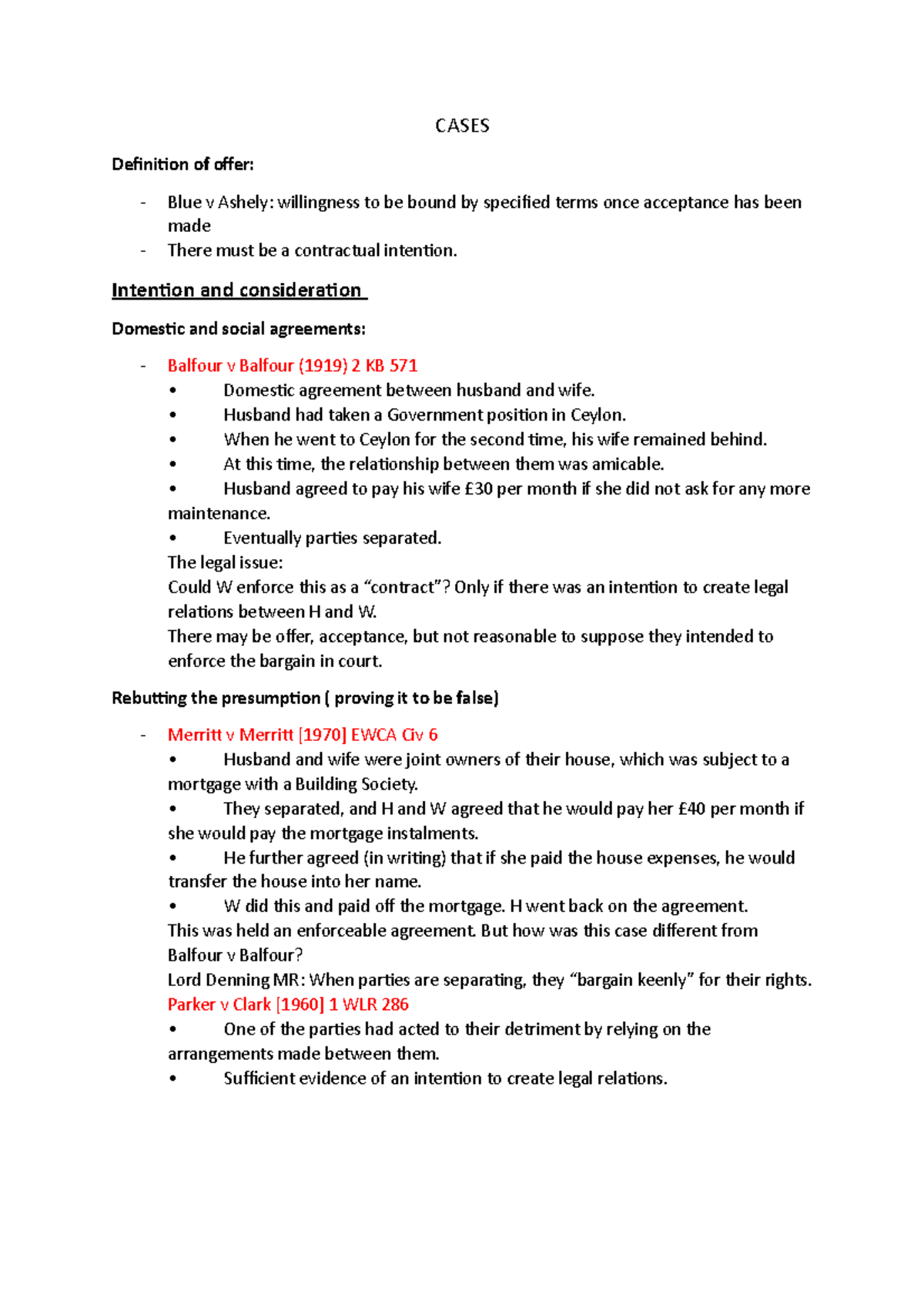 Cases CASES Definition of offer Blue v Ashely willingness to be