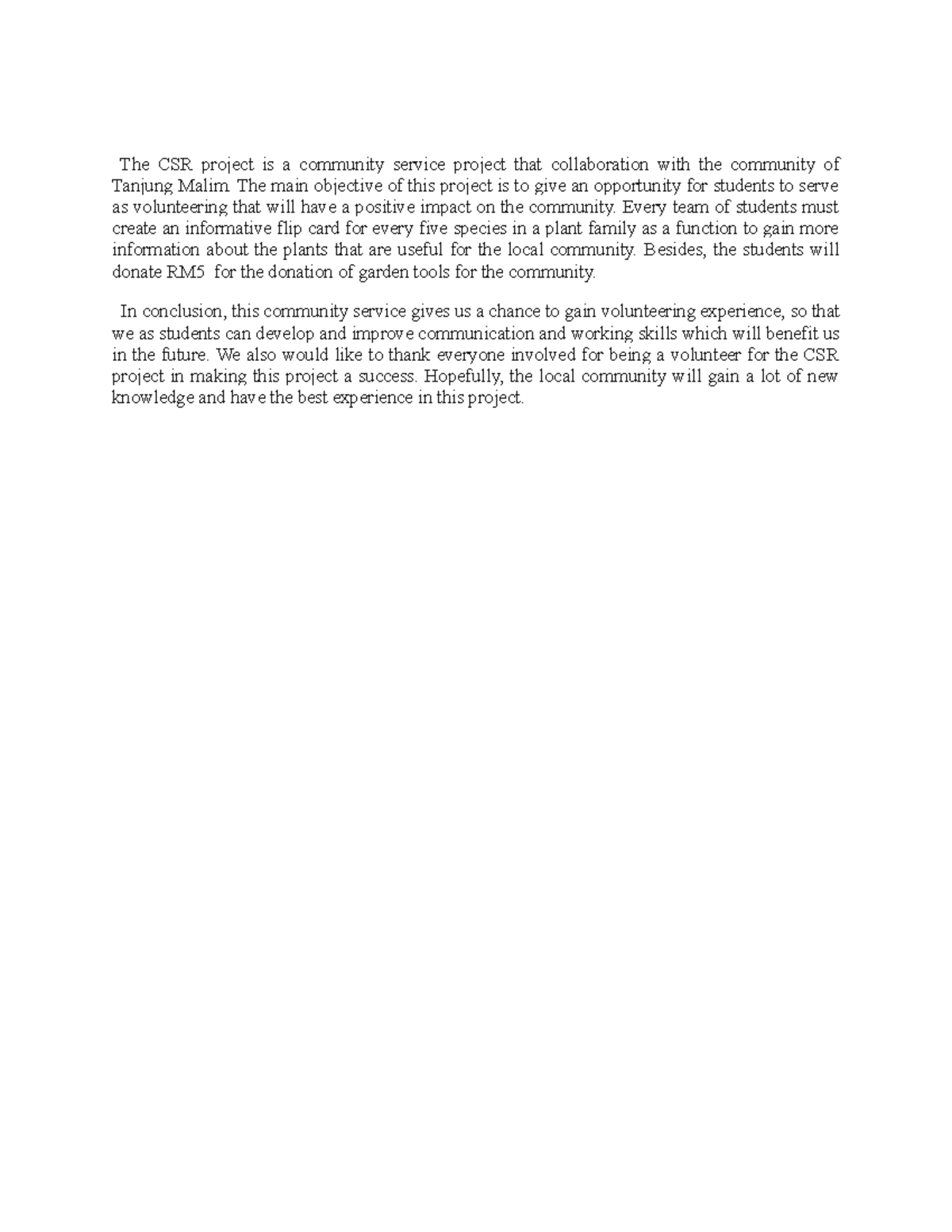 Intro & Conclusion CSR sem1 - The CSR project is a community service ...