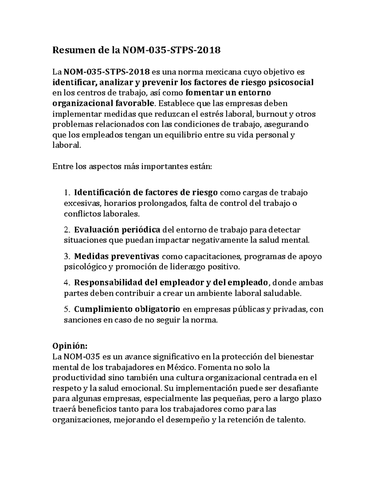 Tarea 5 calidad de vida - Resumen de la NOM- 035 - STPS- 2018 La NOM ...