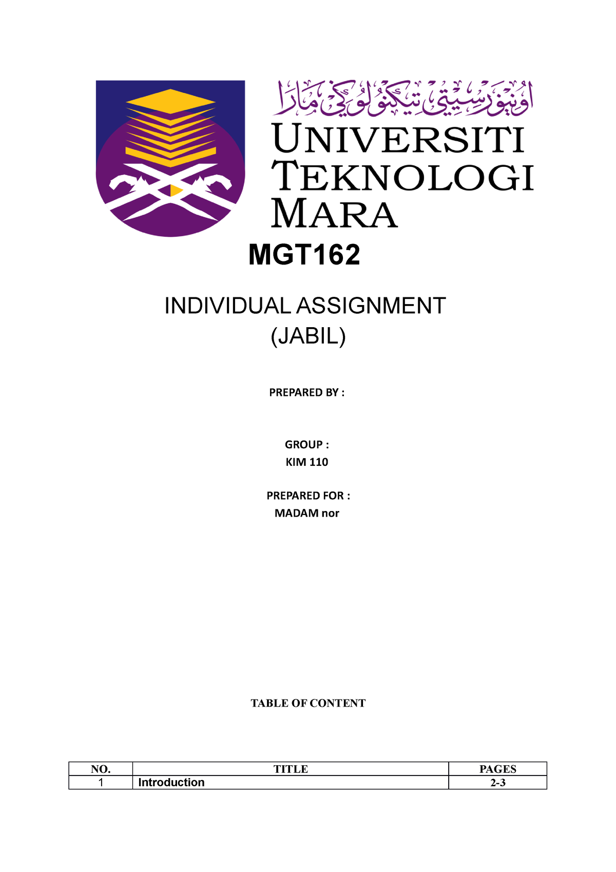 MGT162 - MGT 162 B - MGT INDIVIDUAL ASSIGNMENT (JABIL) PREPARED BY ...