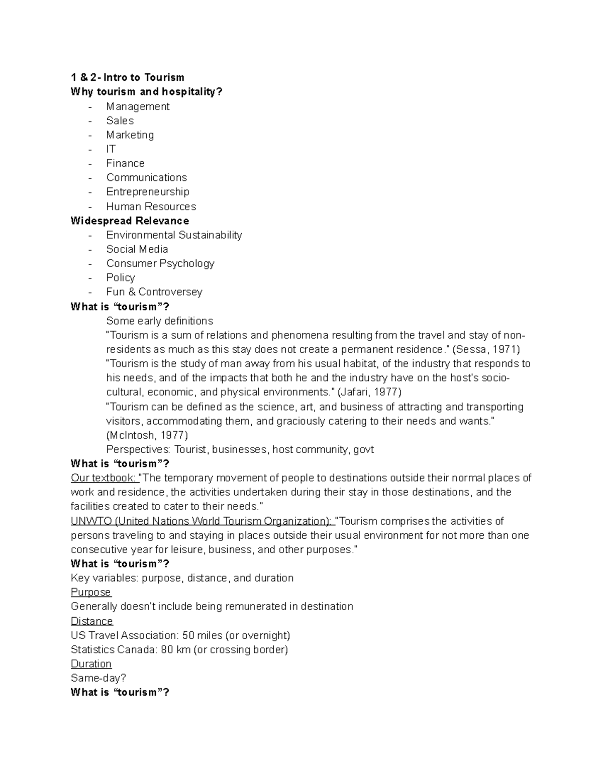 HTMT EXAM #1 - Lecture Notes All - 1 & 2- Intro To Tourism Why Tourism ...