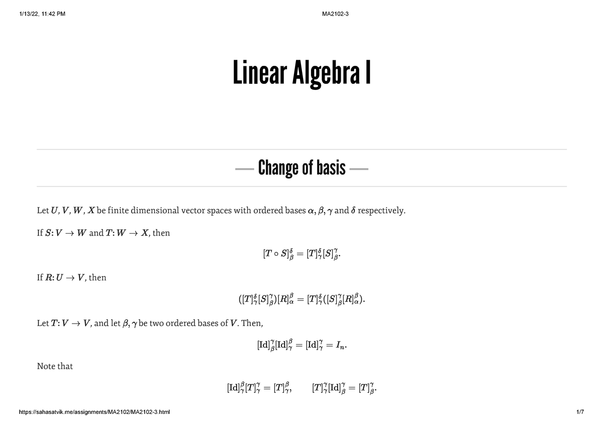 MA2102- Change Of Basis Complete Printed Note - Linear Algebra I ― Change Of Basis ― Let ...