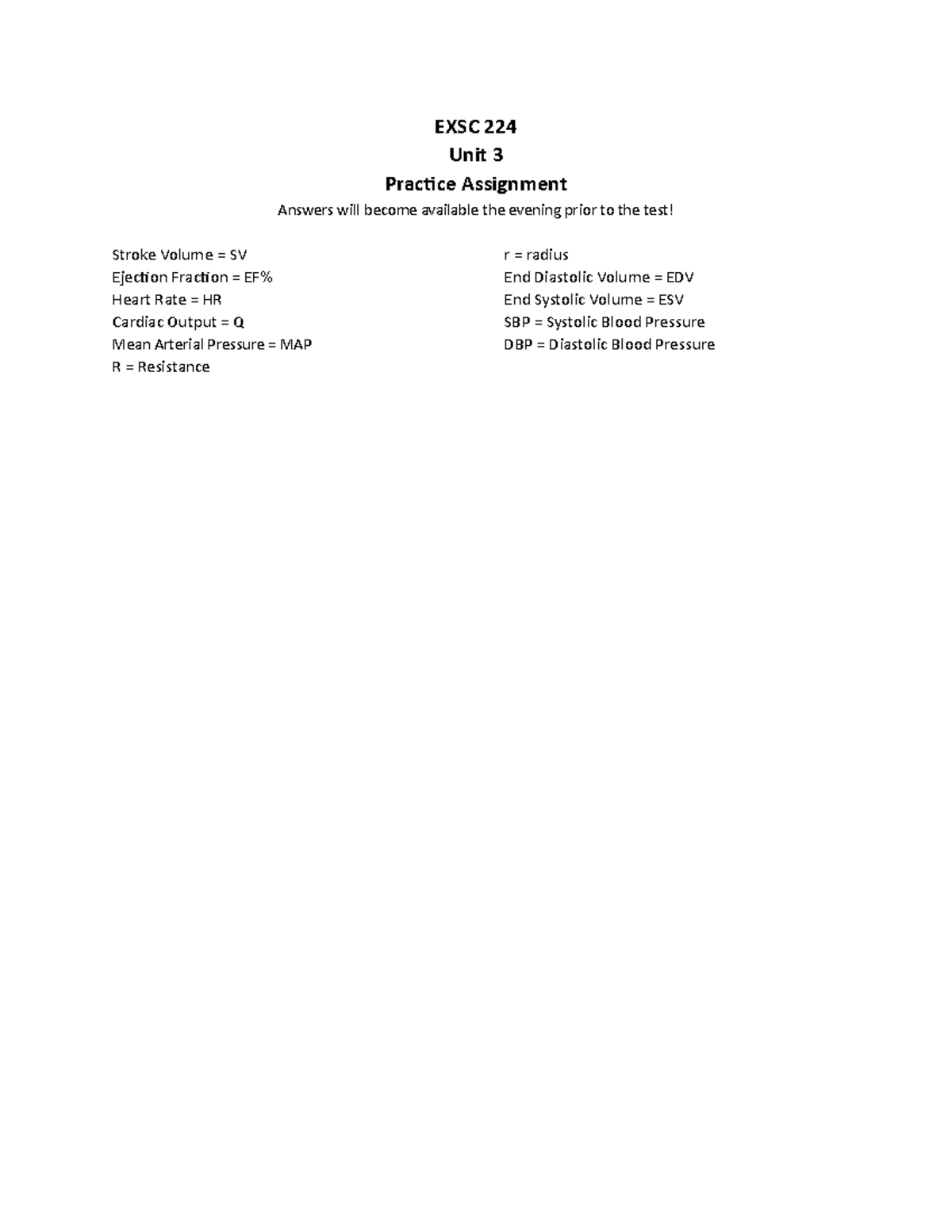 Exercises for the cardiovascular unit - EXSC 224 Unit 3 Practice ...