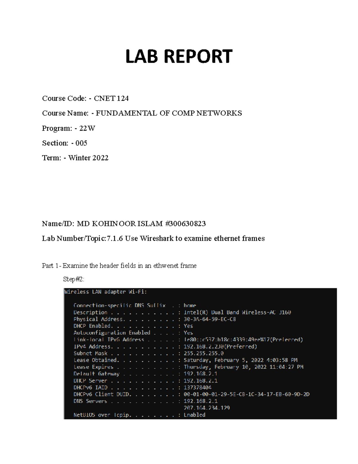 7.1.6 LAB - lab - LAB REPORT Course Code: - CNET 124 Course Name ...