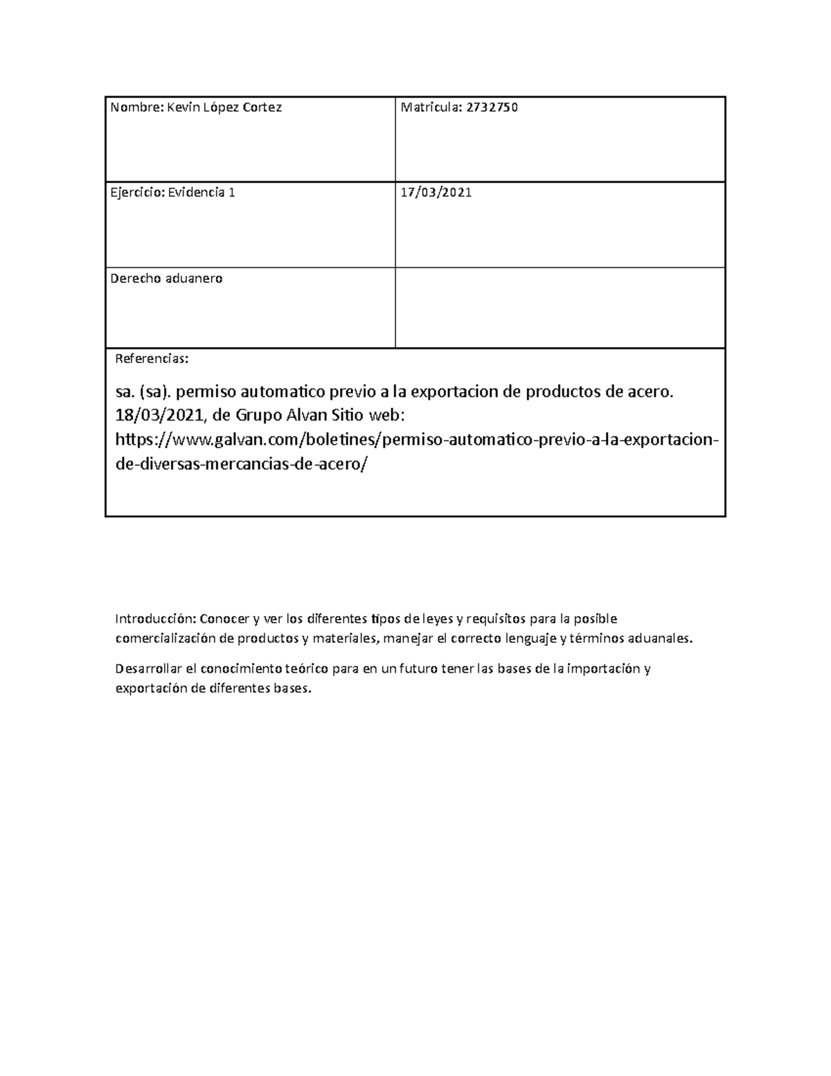 evidencia 1 de la materia derecho aduanero tecmilenio campus las torres ...