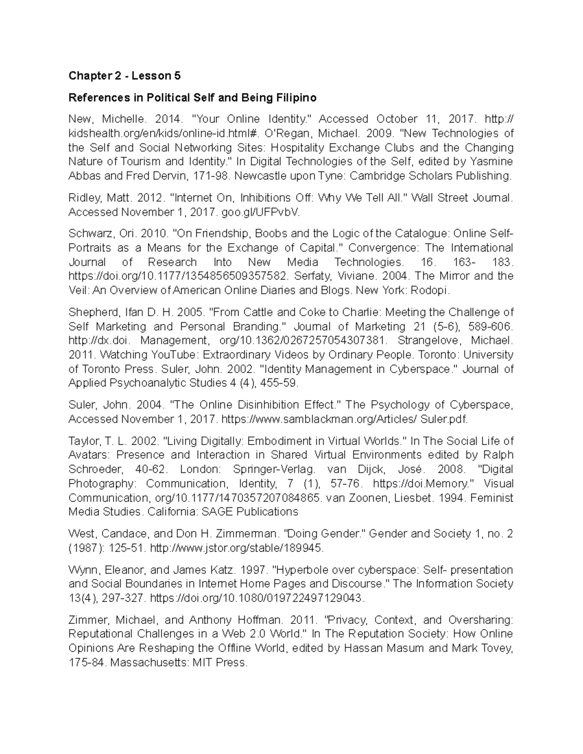 References in Political Self and Being Filipino - 2014. 