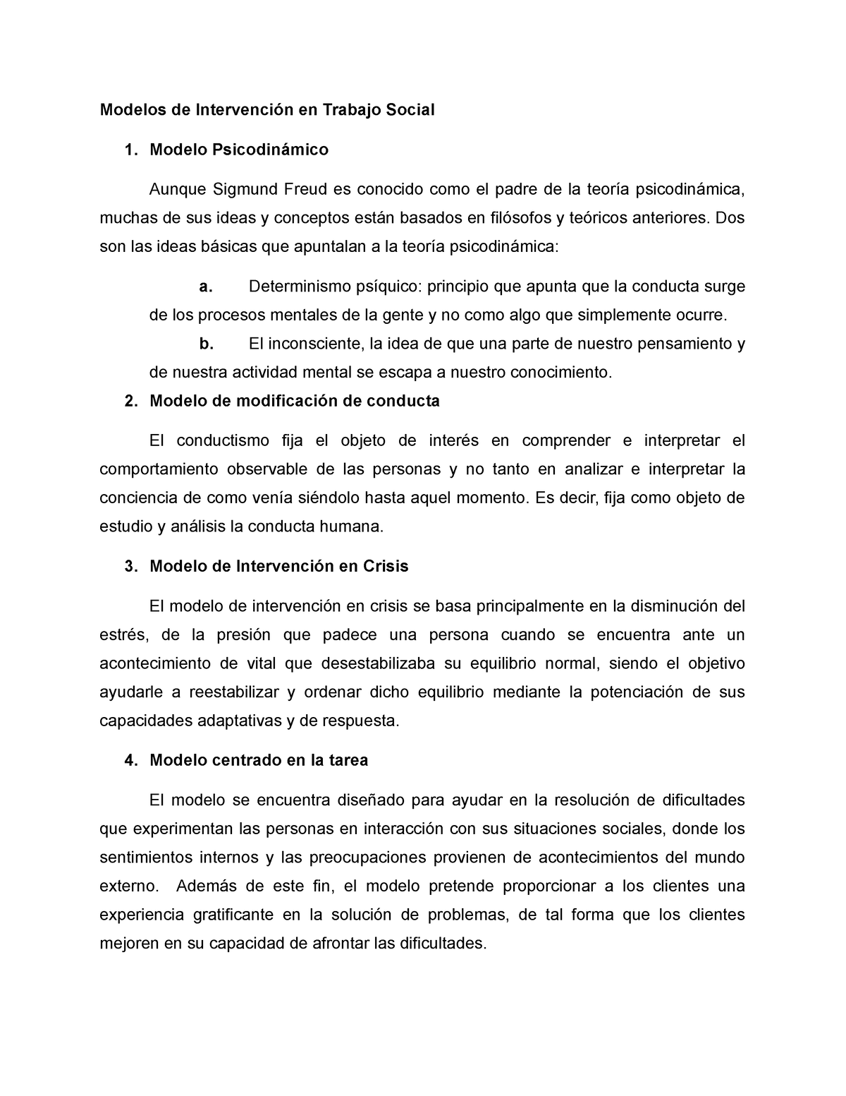 Modelos de Intervención en Trabajo Social - Modelo Psicodinámico Aunque  Sigmund Freud es conocido - Studocu