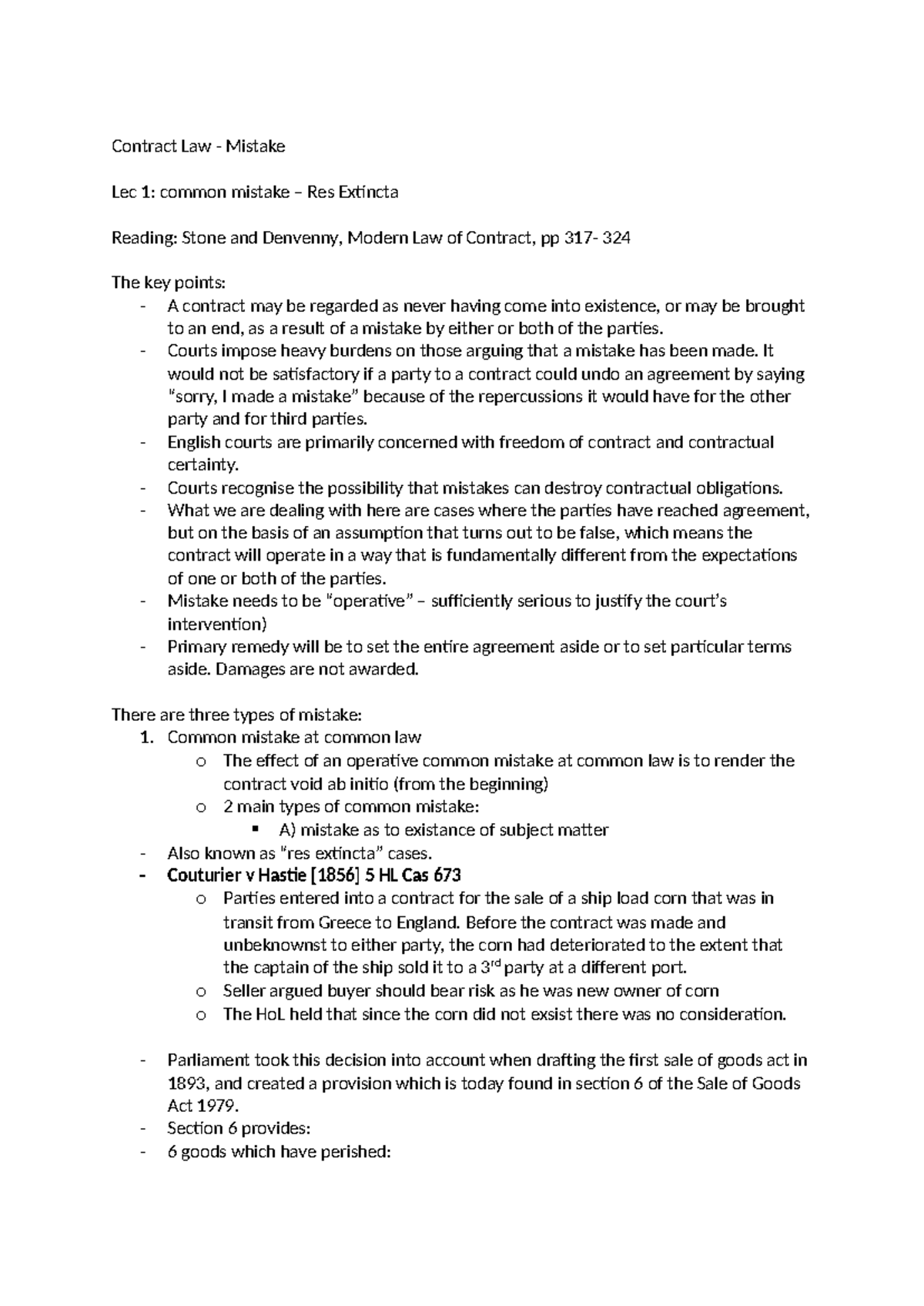 Contract Law- Mistake - xxx - Contract Law - Mistake Lec 1: common ...