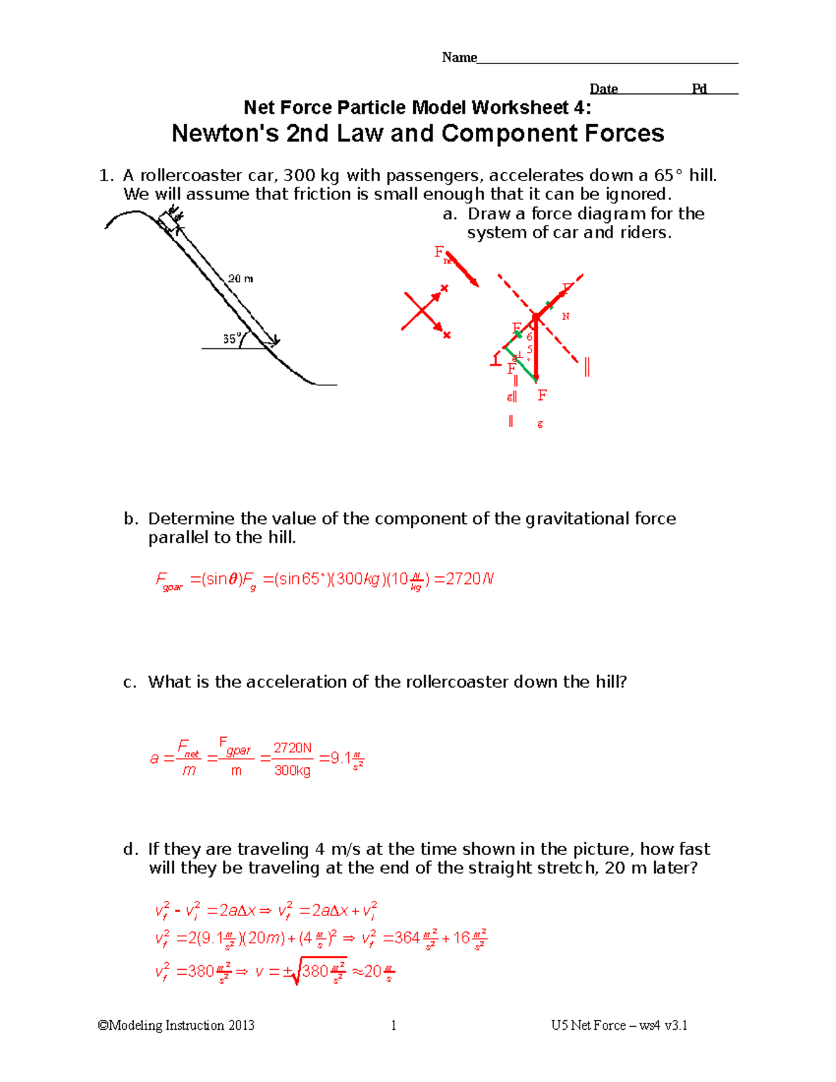 Newton Second Law W4 answers 4 Name Date Pd Net Force Particle Model Worksheet 4 Newton s 2nd 