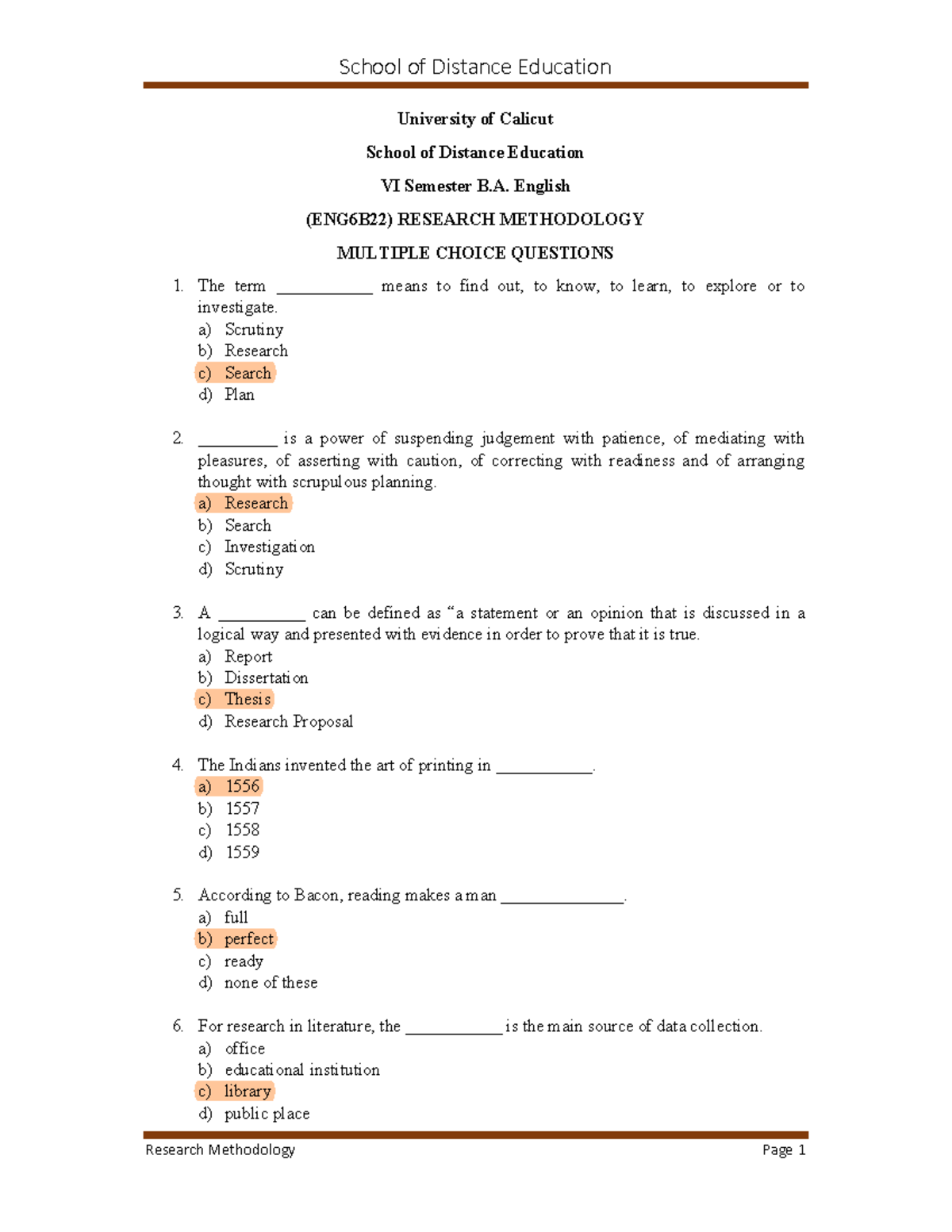 research methodology previous question papers calicut university