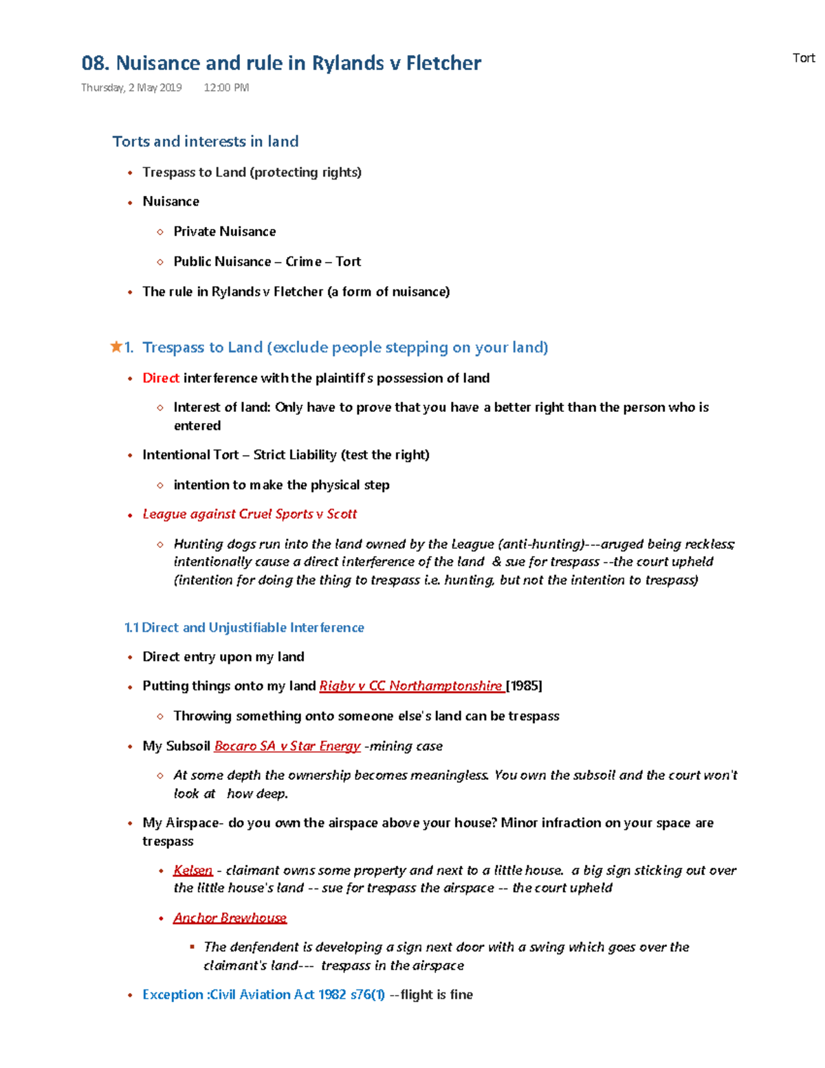 08 nuisance - 08. Nuisance and rule in Rylands v Fletcher Thursday, 2 ...