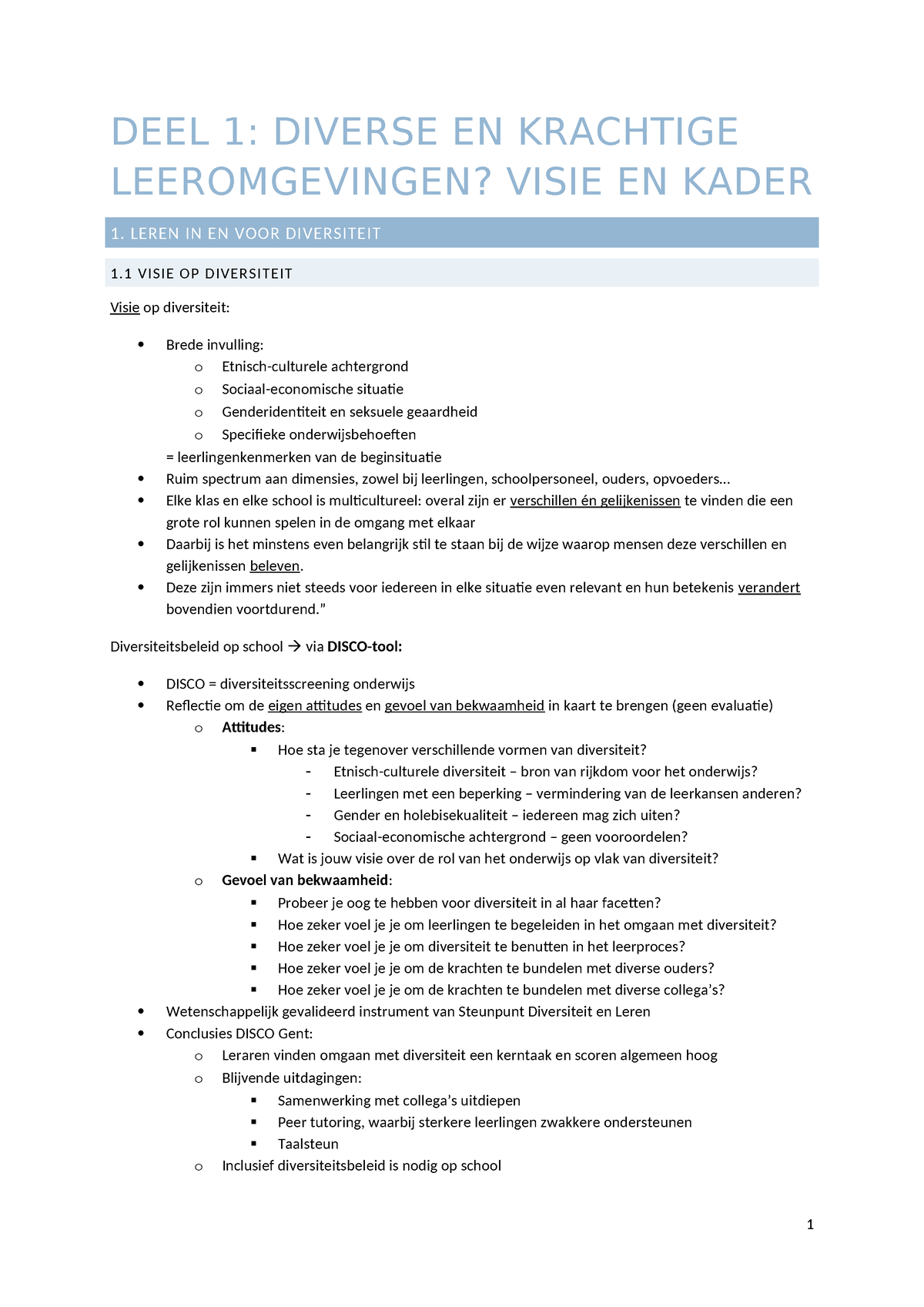 Samenvatting Dkl - DEEL 1: DIVERSE EN KRACHTIGE LEEROMGEVINGEN? VISIE ...