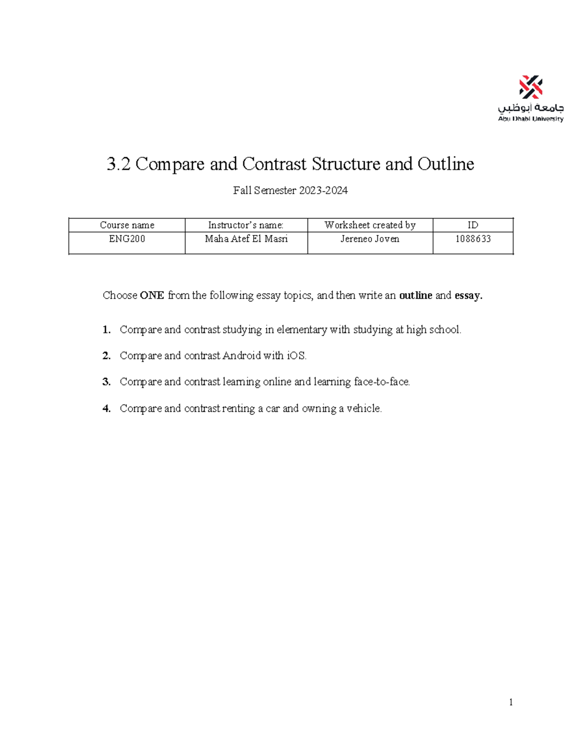 ENG200 - Compare and Contrast Structure and Outline 2 (E) - 3 Compare ...