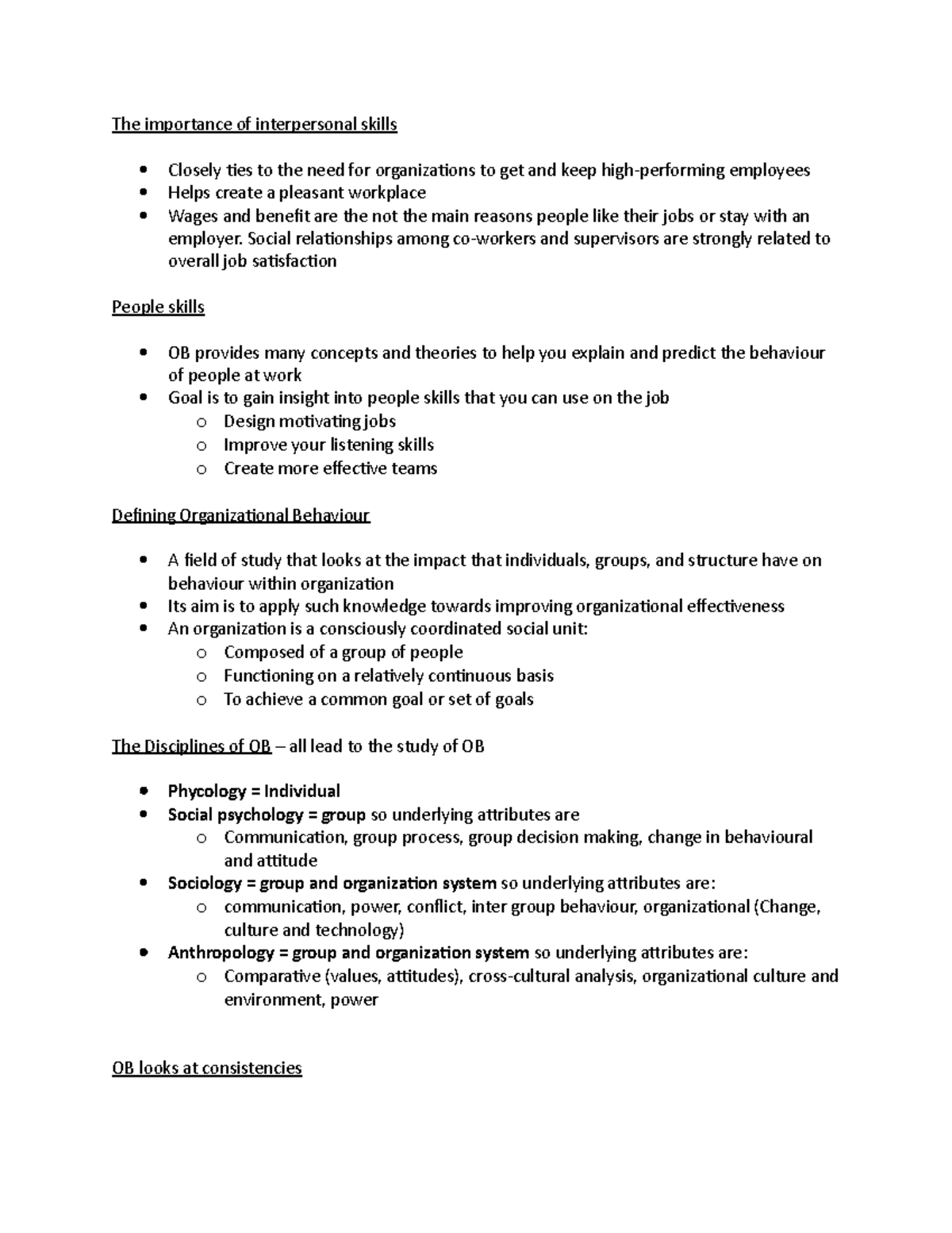 OB Chapter 1 - Lecture notes 1 - The importance of interpersonal skills ...