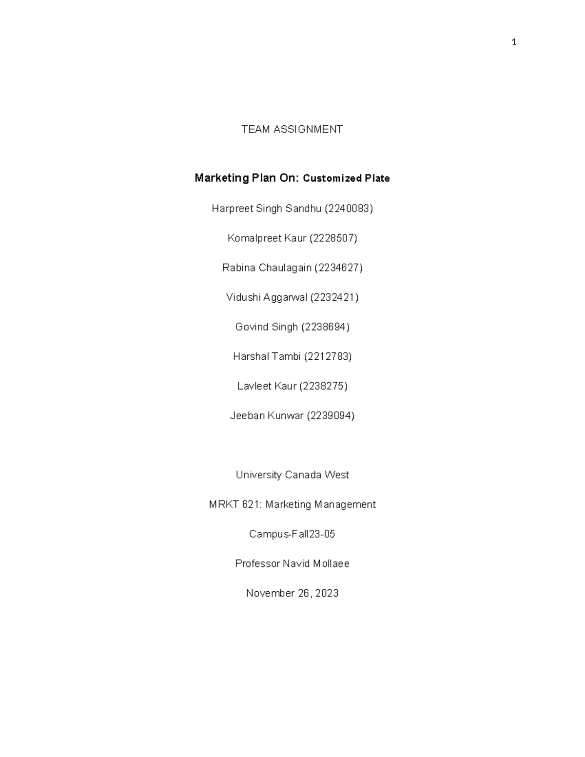 Marketing Plan - Team Assignment final - TEAM ASSIGNMENT Marketing Plan ...