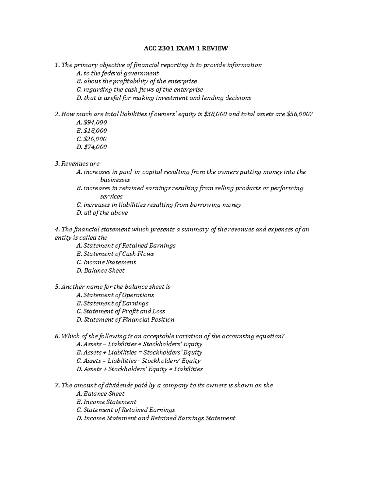 Acc 2301 Exam 1 Review Brown Acc 2301 Exam 1 Review The Primary Objective Of Financial Reporting Studocu