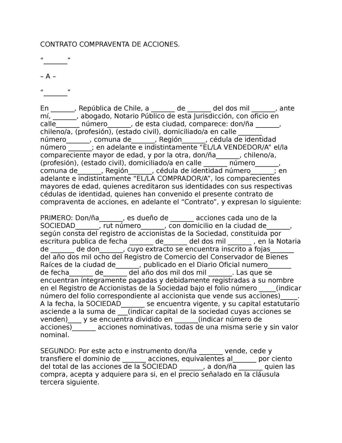 Contrato Compraventa De Acciones Contrato Compraventa De Acciones “” A 1186
