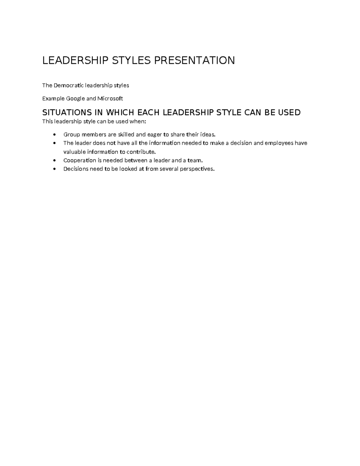 Leadership Styles Presentation - LEADERSHIP STYLES PRESENTATION The ...