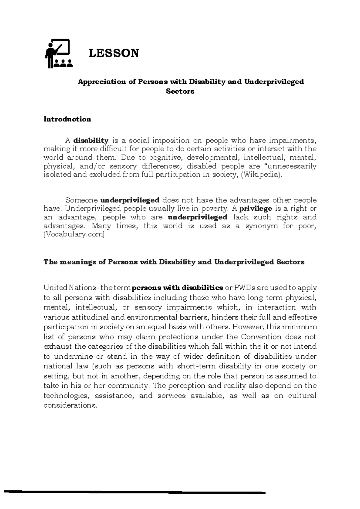 7-8 - quiz - LESSON Appreciation of Persons with Disability and ...